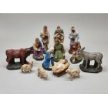 An old set of composition Nativity Scene figures, largest 14cm high. (13)