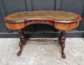 A Victorian burr walnut kidney shaped desk, with a pair of concealed frieze drawers, 122cm wide.
