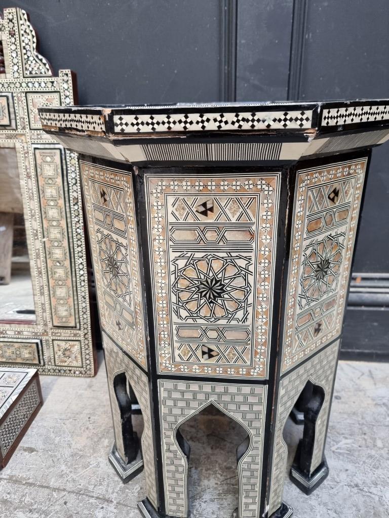 A Moorish mother-of-pearl inlaid octagonal occasional table, 40cm wide; together with a similar wall - Image 5 of 5