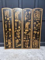 A set of four black and gilt panels, each 167.5 x 38cm, (formerly hinged).
