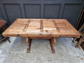 A distressed pine trestle type table, 160cm long.