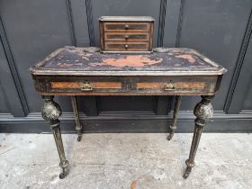 A 19th century French ebonized and inlaid bonheur du jour, 92cm wide, (distressed).