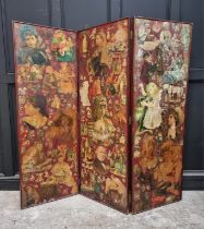 A Victorian three fold decoupage screen, decorated to both sides, each panel 169 x 58cm.