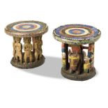 Two inlaid marble and hardwood occasional tables