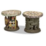 Two inlaid marble and hardwood occasional tables