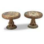 Two marble inlaid hardwood occasional tables