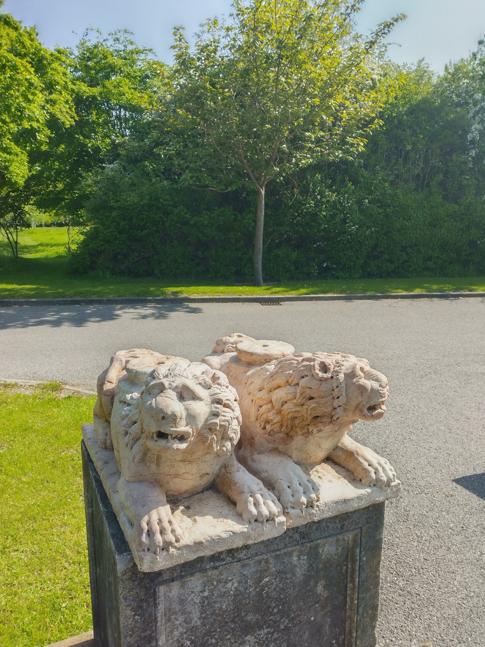 A pair of Rosso Verona marble lions.