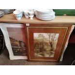 2 Large Pictures 1 Oil Parisienne Scene in White Frame and 1 River/Woodland Scene in Brown Frame