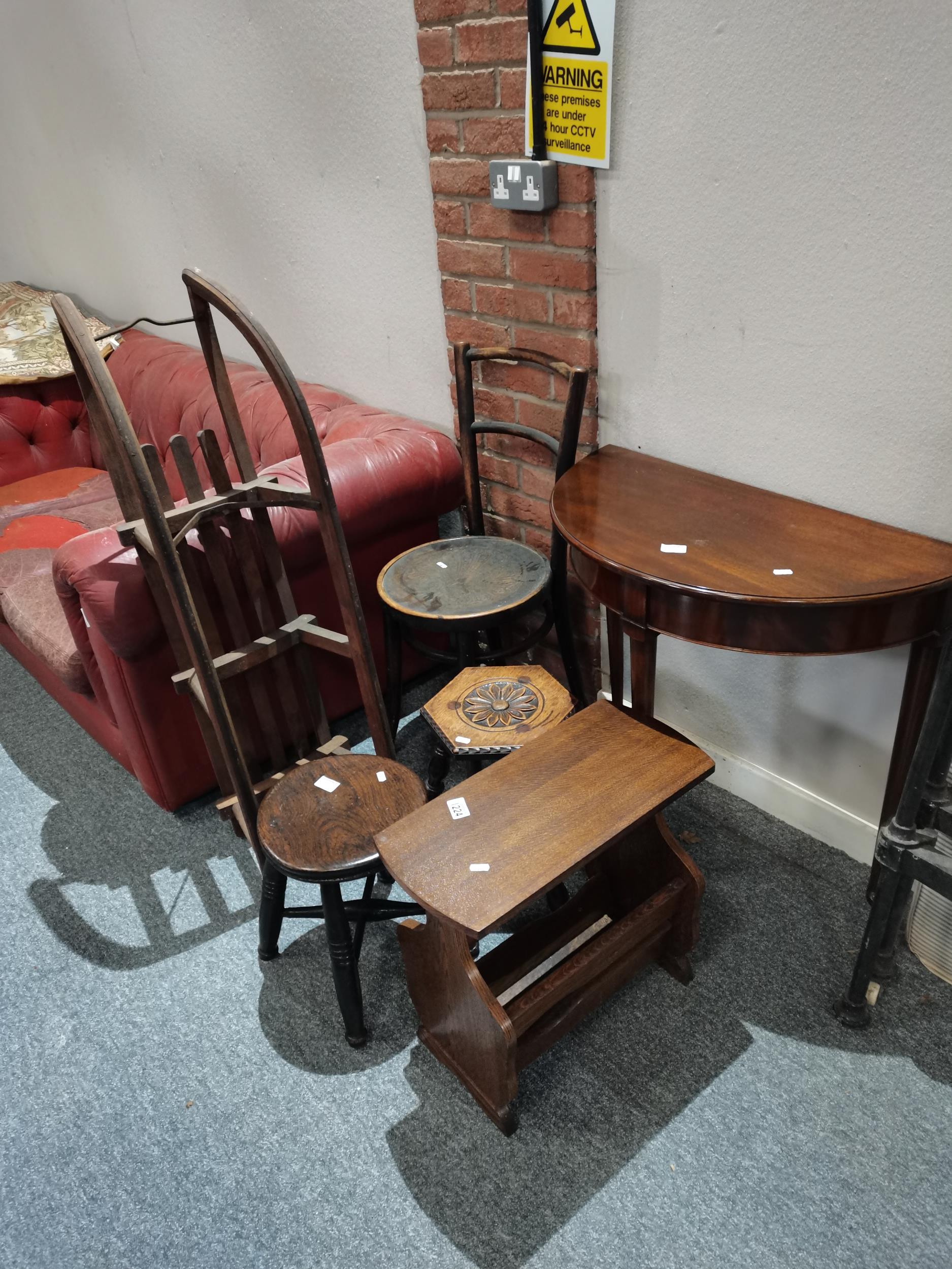 Misc. furniture items incl 2 stools, chair, wooden sledge, side table etc