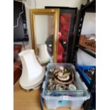 Gilt framed wall mirror, modern print and box of plated ware and plates etc