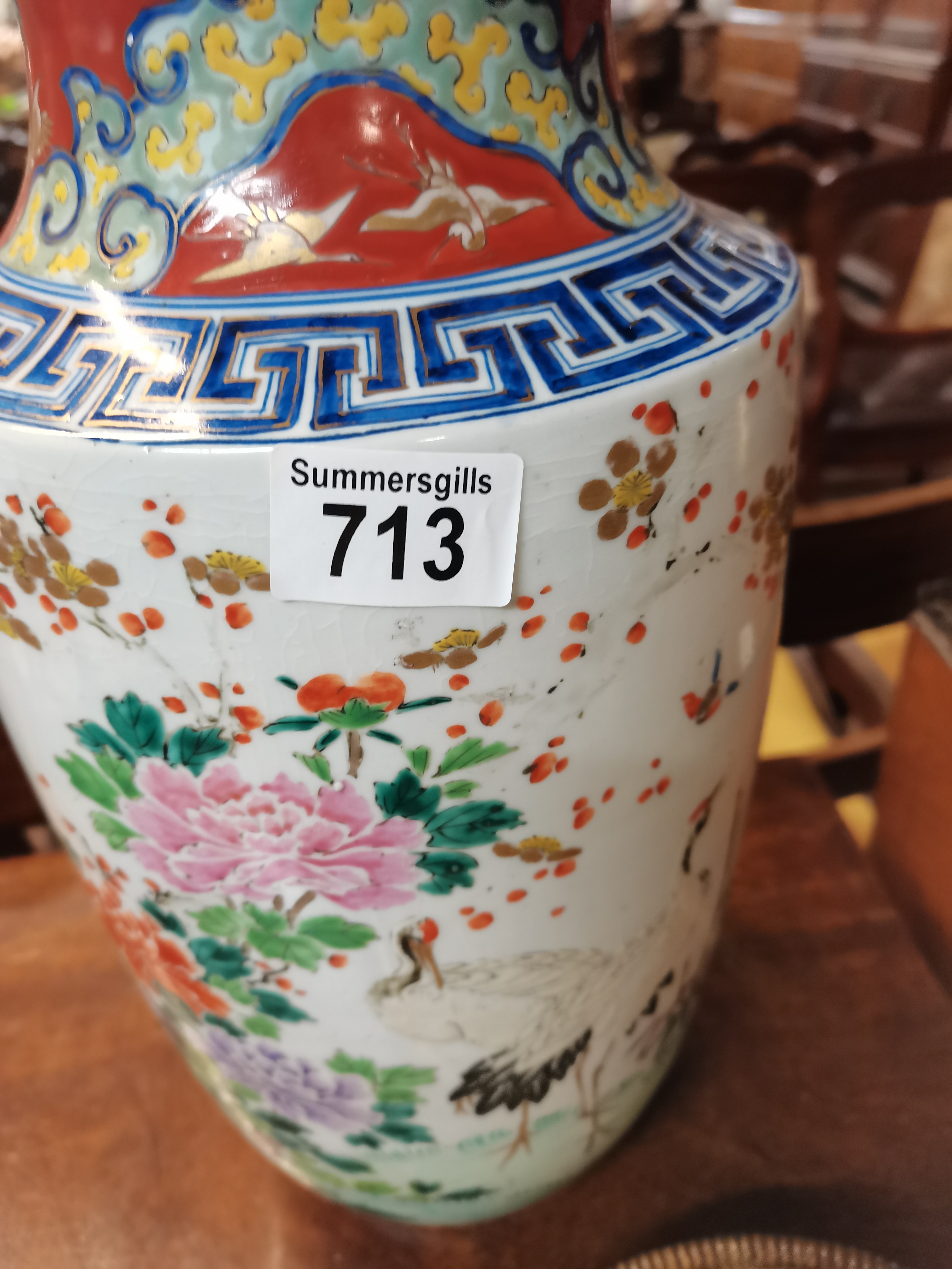 Large Chinese Vase with stork decoration and 7 charter marks on the base. Hairline crack on top of - Image 6 of 8