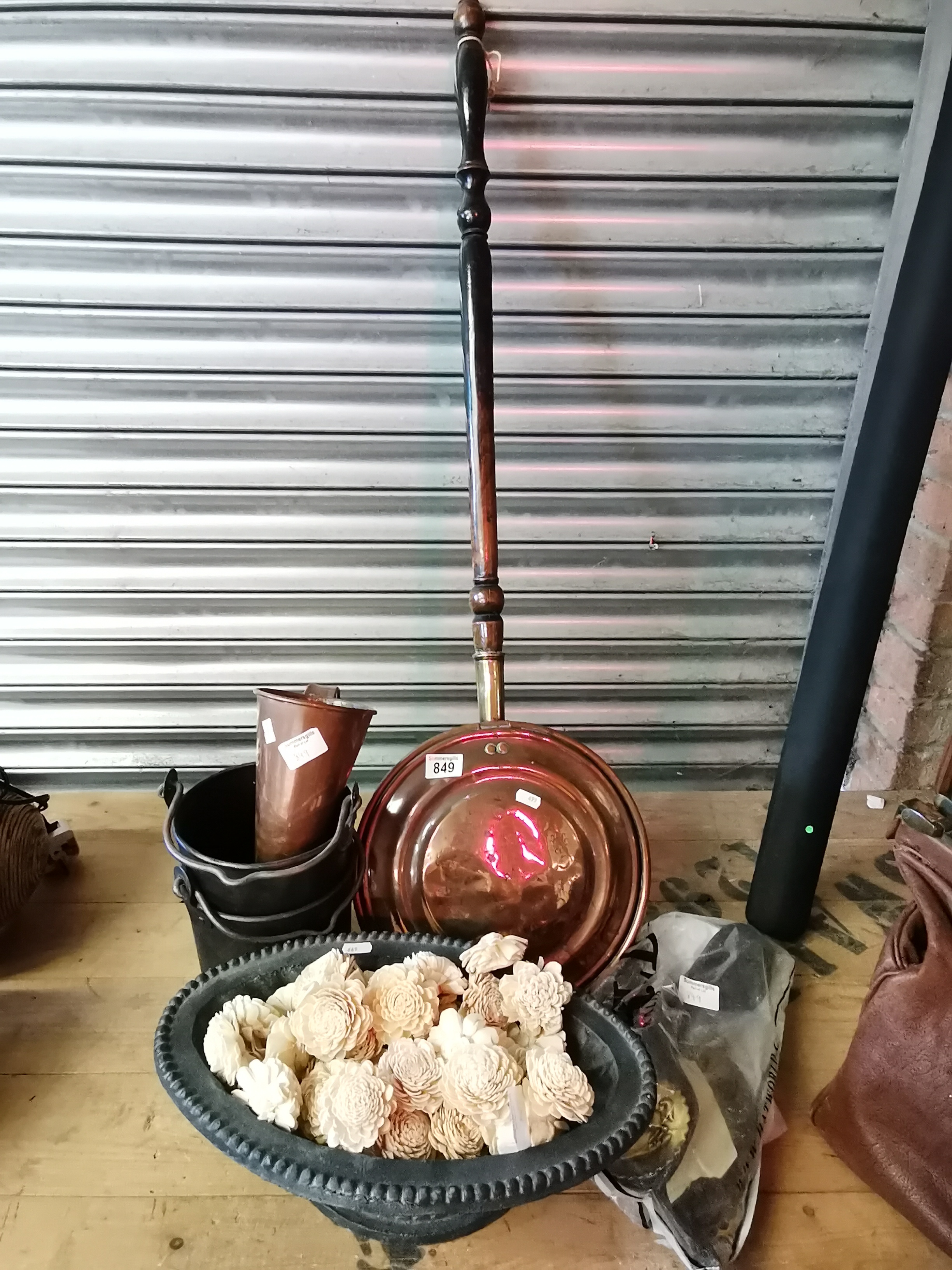 Warming pan, Copper items, horse brasses and lead vase