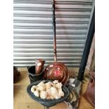 Warming pan, Copper items, horse brasses and lead vase