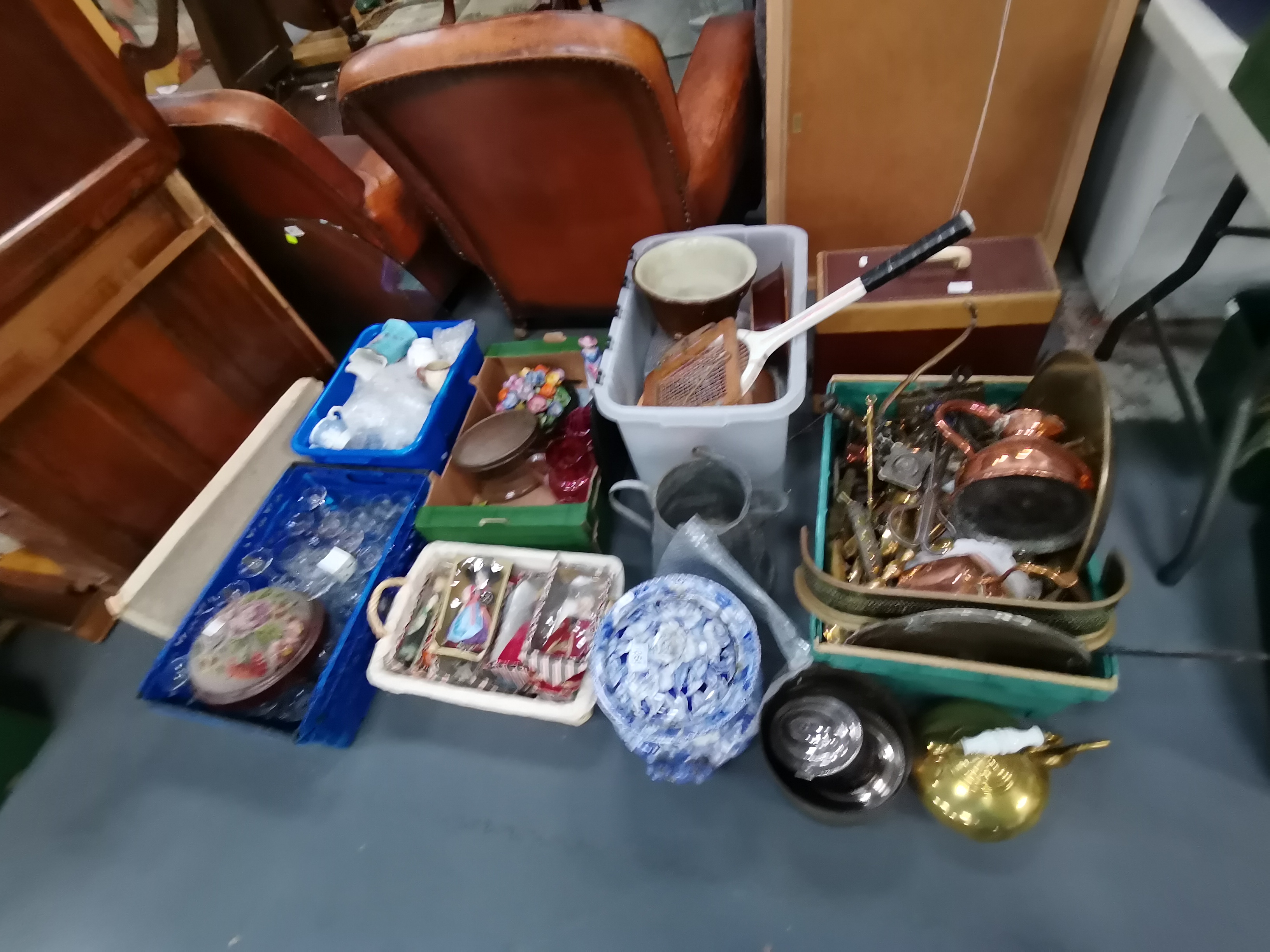 6 x boxes misc items incl glasses, brass and copper ware, jugs, dolls etc