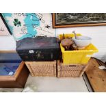 2x Wicker Boxes, Victorian doctors Bag/case plus box of items incl pestel & Mortar