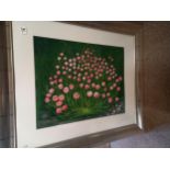 Pink herbaceous plant oil painting in frame
