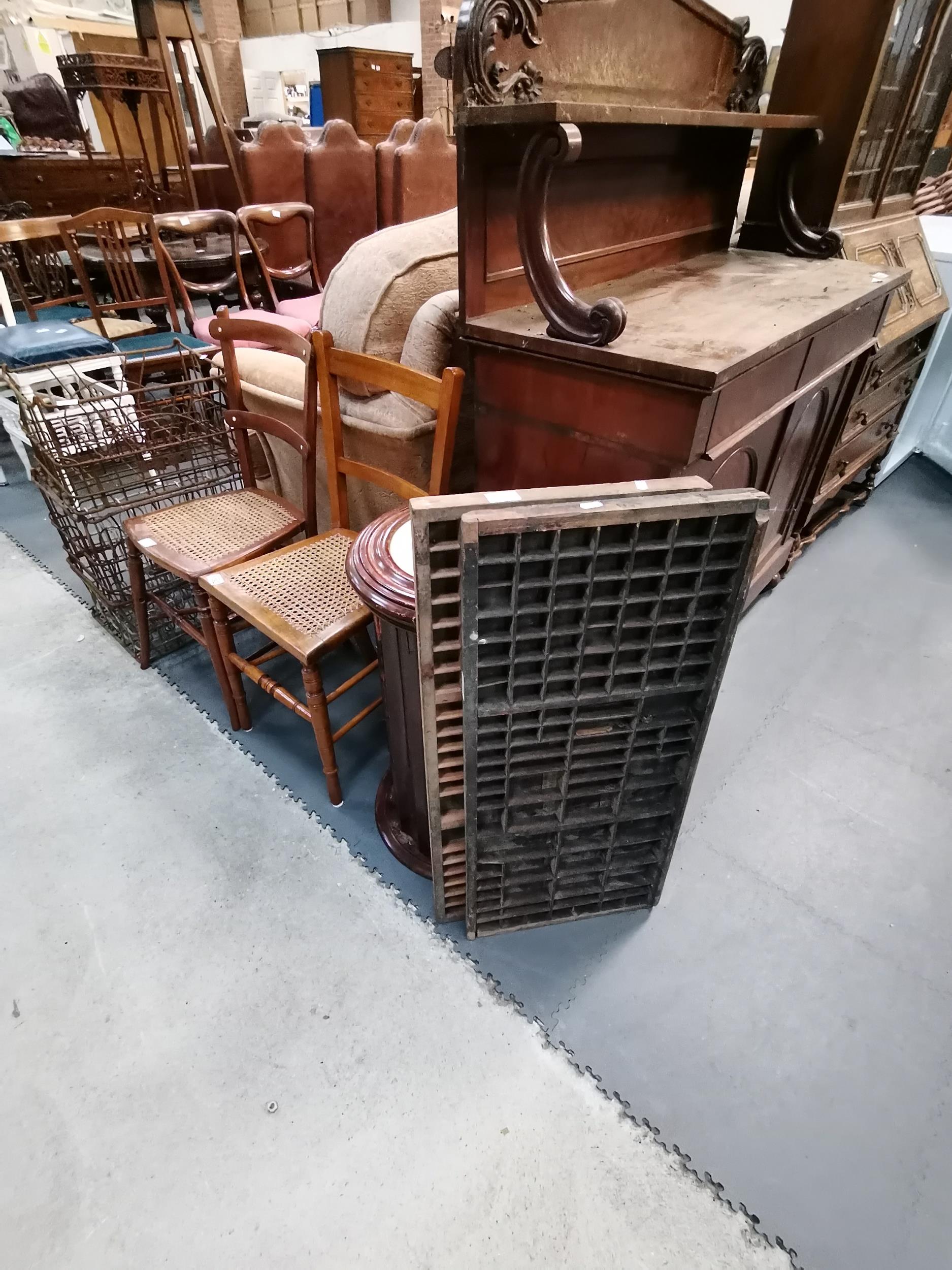Misc. vintage items incl x2 Rush seated chairs, letter press shelves, vintage milk bottle crates - Image 2 of 2