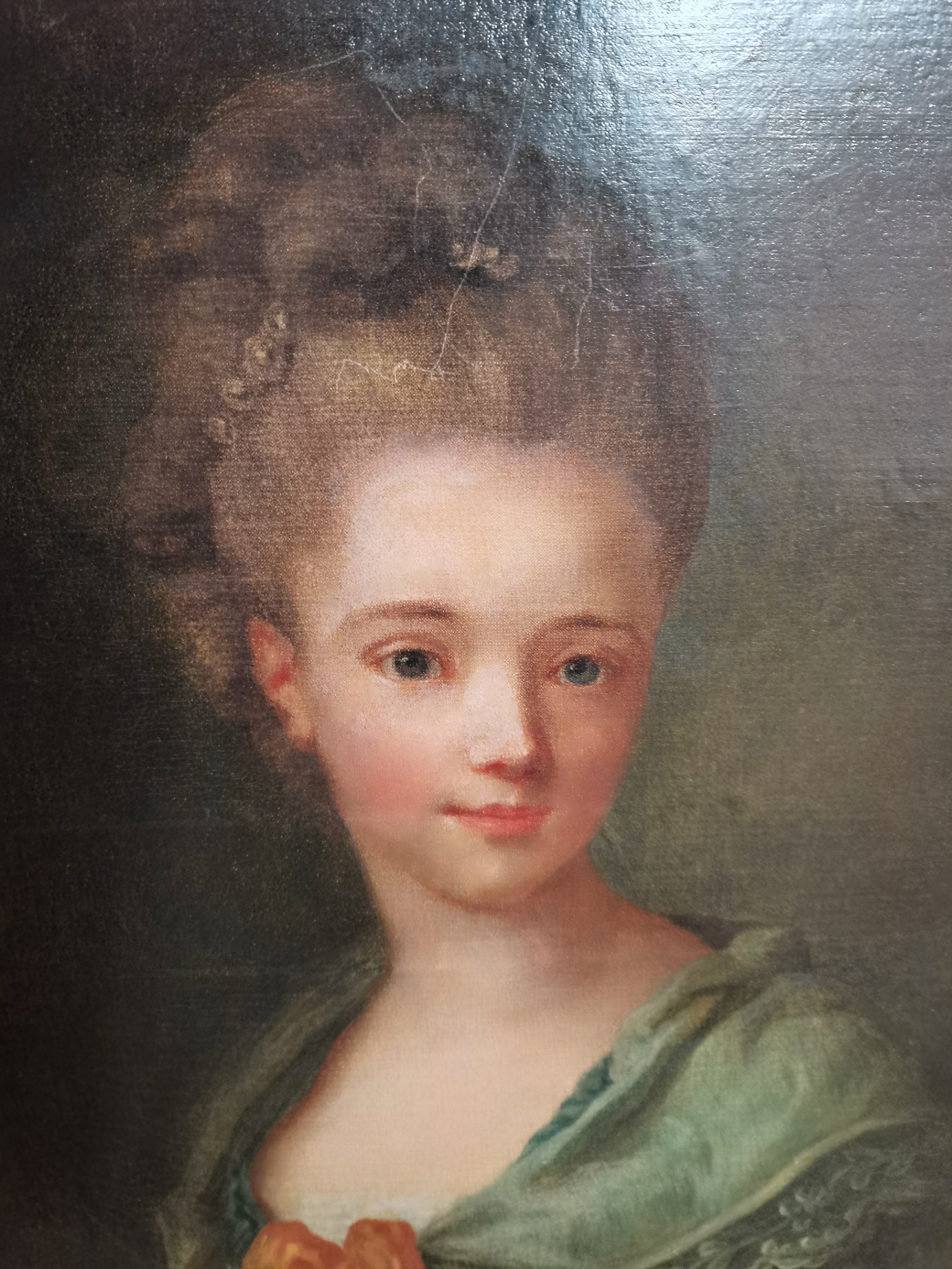 Oil on Canvas by French school 19th Century artist. Oval Portrait of young woman in blue dress in g - Image 7 of 12