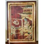 Chinese wooden plaque in frame decorated with gold and coloured figures 95cm x 55cm
