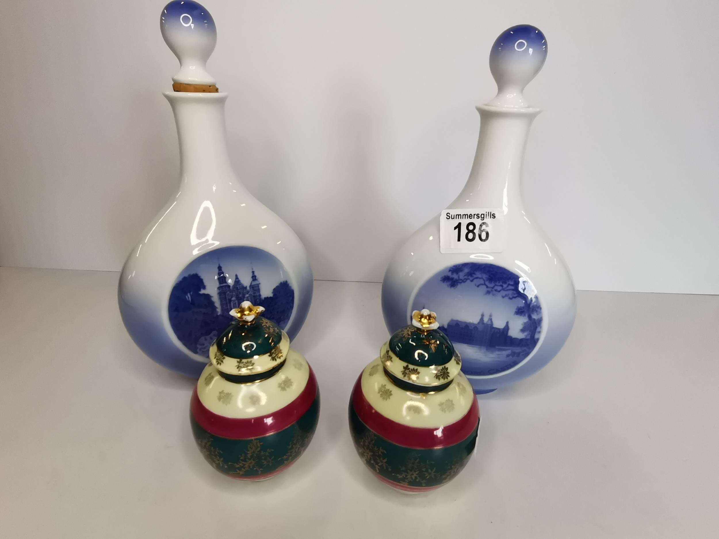 Pair of Vienna Style lidded vases 11cm ht plus Two Royal Copenhagen Decanters - Image 6 of 9