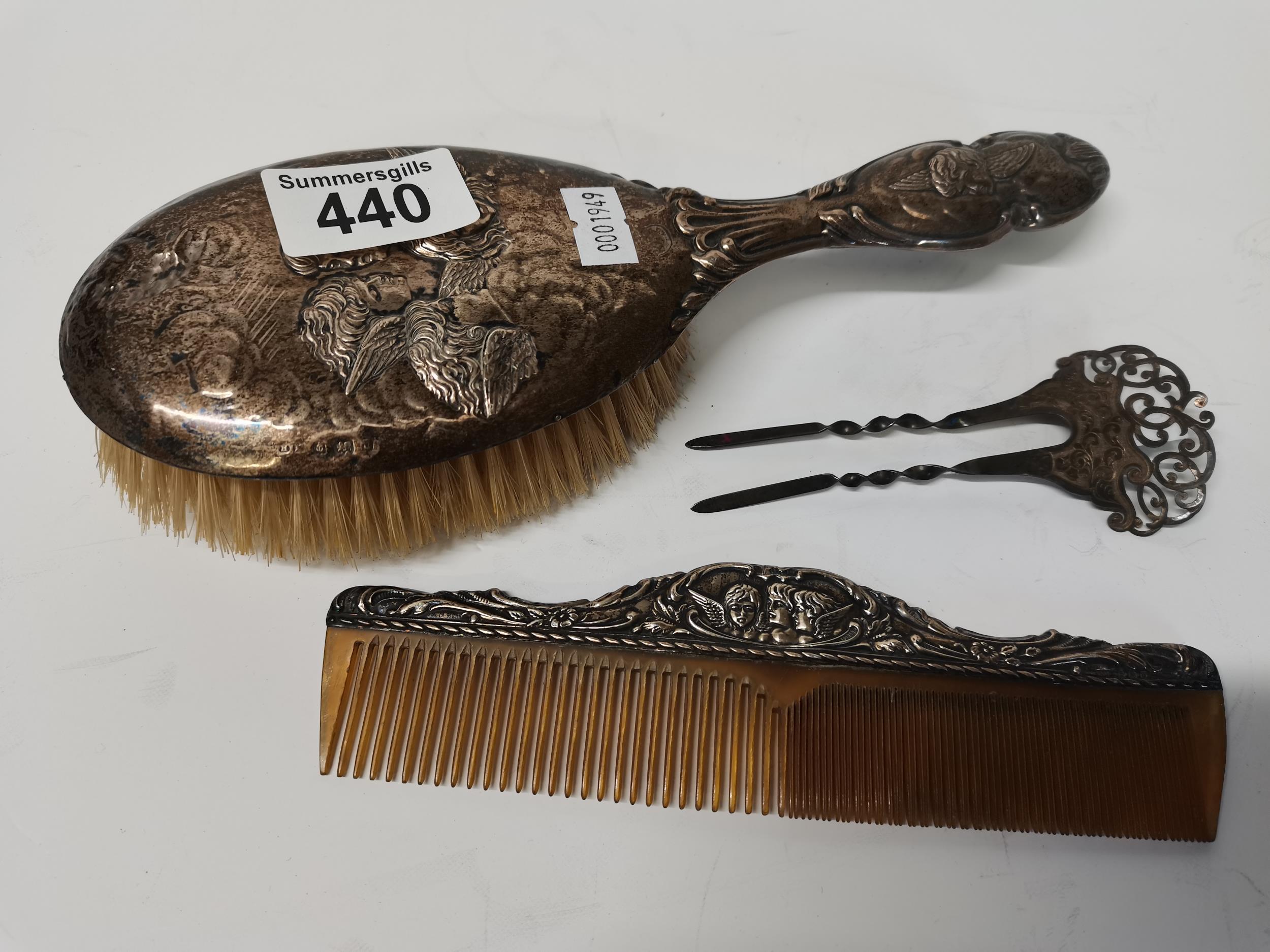 3 piece Antique Silver dressing table set - cherub brush, comb and hair pin