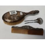 3 piece Antique Silver dressing table set - cherub brush, comb and hair pin