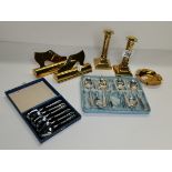 A Collection of brass items incl candle sticks, cutlery