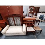 Antique display cabinet with claw feet, teak bookcase, dining chair, chair and Ottoman