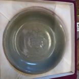 14cm Early olive coloured bowl in case. Ex. condition