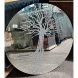 Large circular wall mirror with etched tree of hope