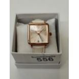 Rodier Ladies Wrist Watch - rose gold pearl face white leather strap
