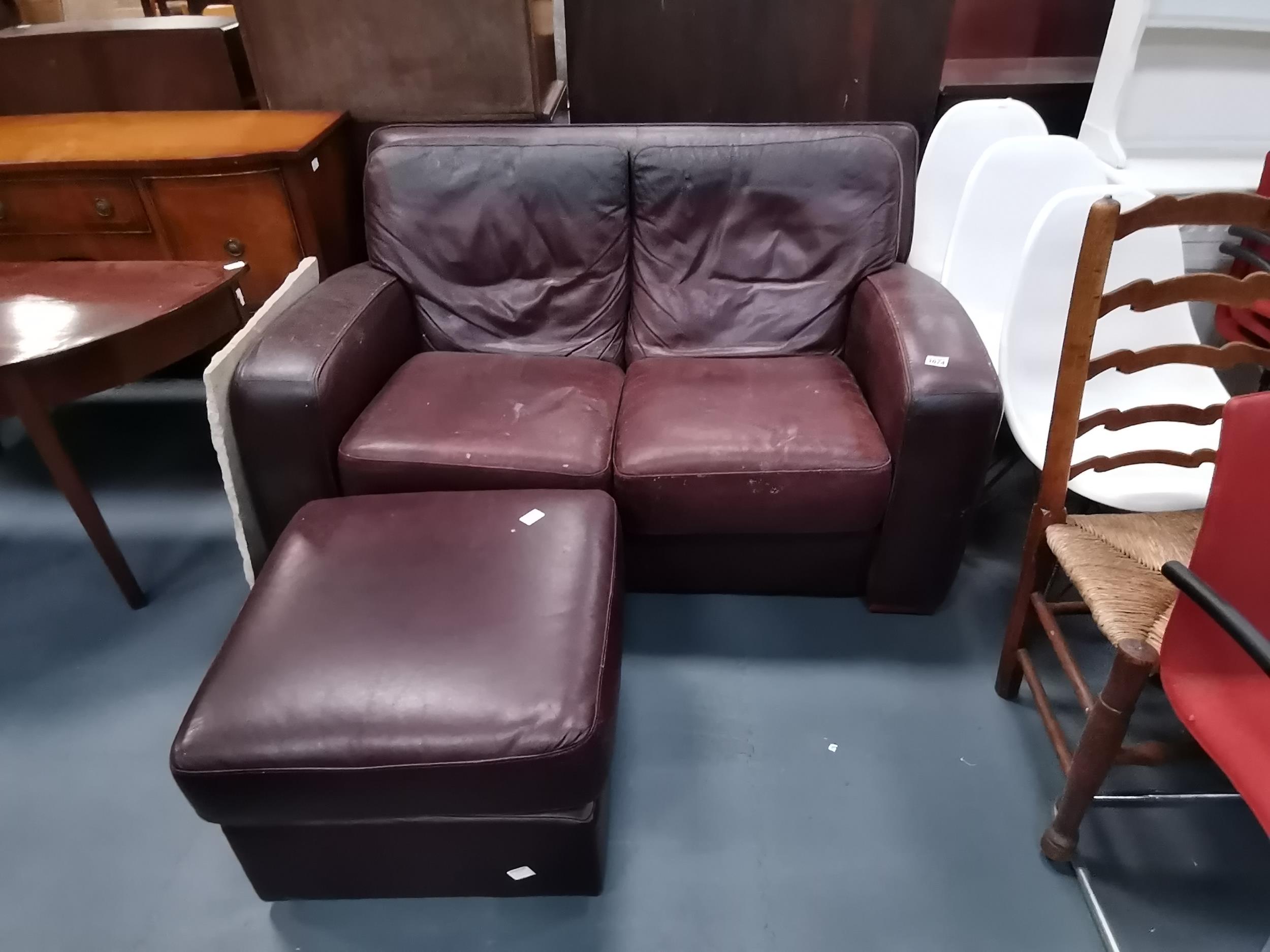 2 seater brown leather sofa with footstool