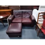 2 seater brown leather sofa with footstool