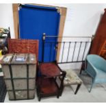Misc furniture incl brass bed head, trunk, tapestry stool etc