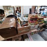Tin trunk plus boxes of vintage games, records, Dandy comics from 1960s