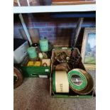 2 x boxes of Vintage tins, brassware, scales etc