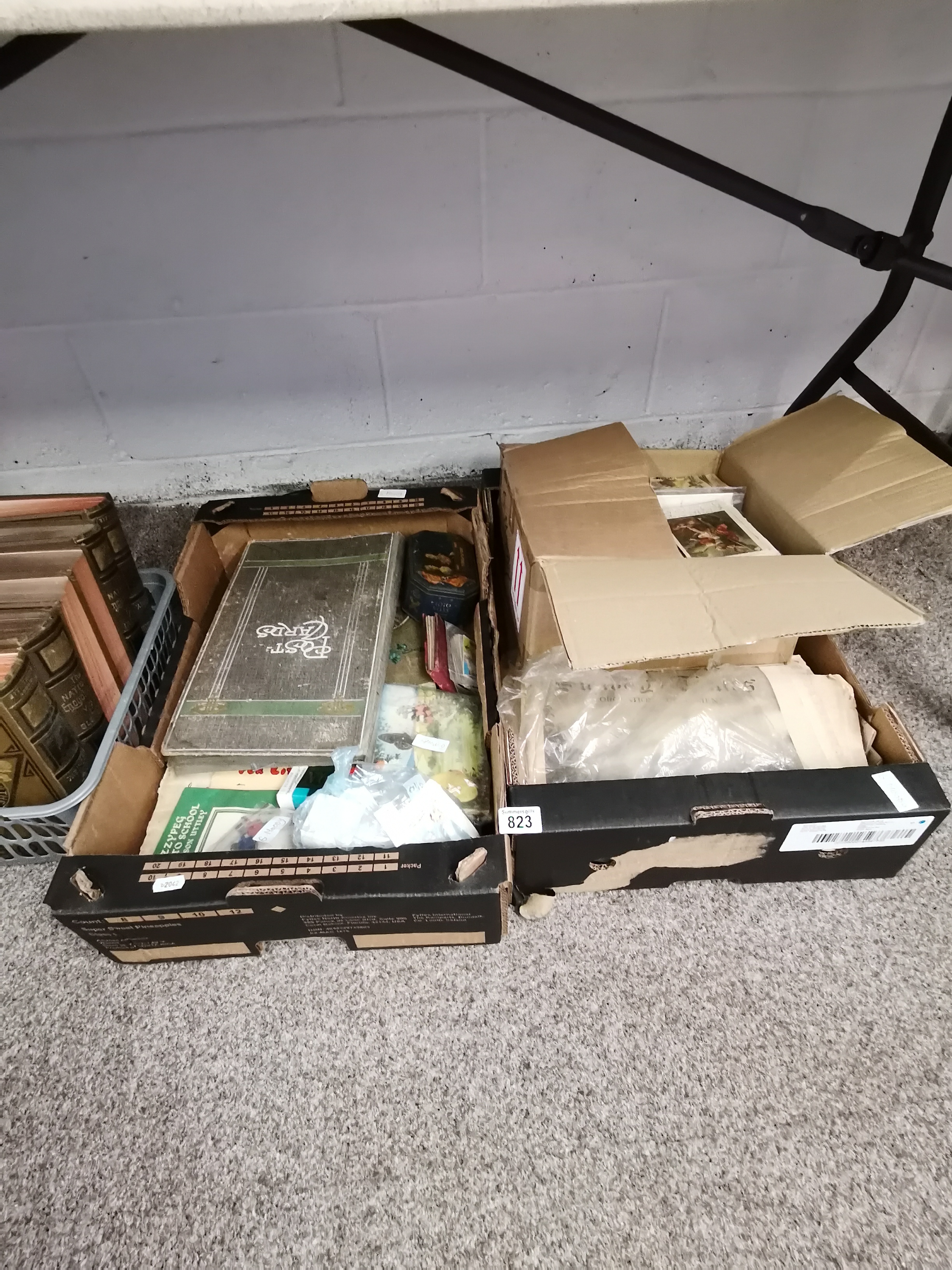 x2 boxes of postcards, cigarette cards and old newspapers