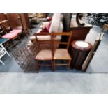 Misc. vintage items incl x2 Rush seated chairs, letter press shelves, vintage milk bottle crates