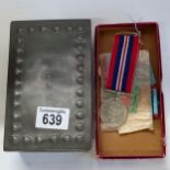 Pewter cigarette box (Paythe & Sons) and The Defence Medal 1939-1945