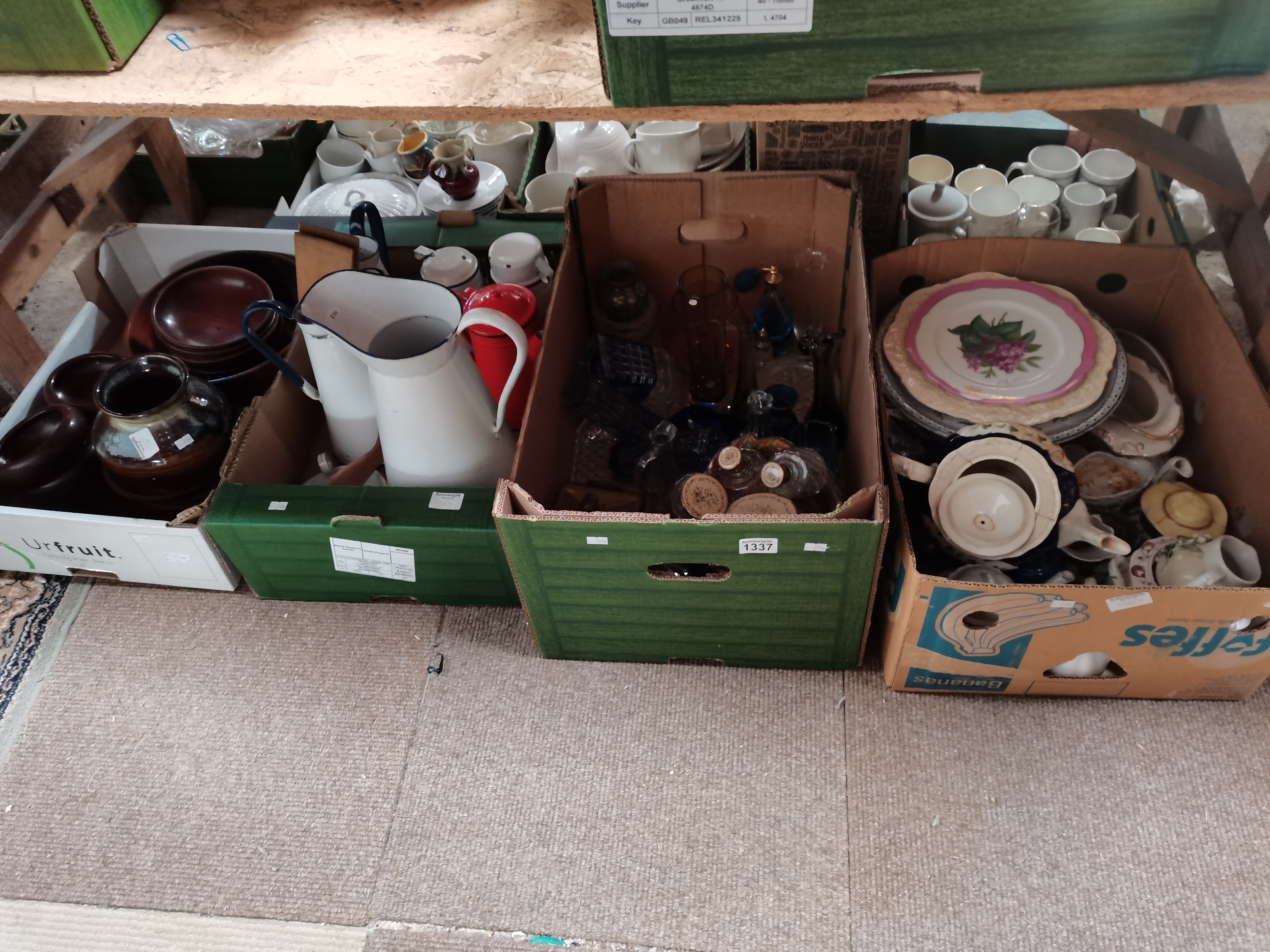 4 x boxes miisc. items incl plates, jars, coloured glass, enamel jugs etc