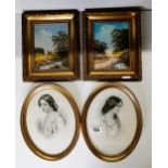 2 x oil paintings 1970s and 2vx Antique prints in