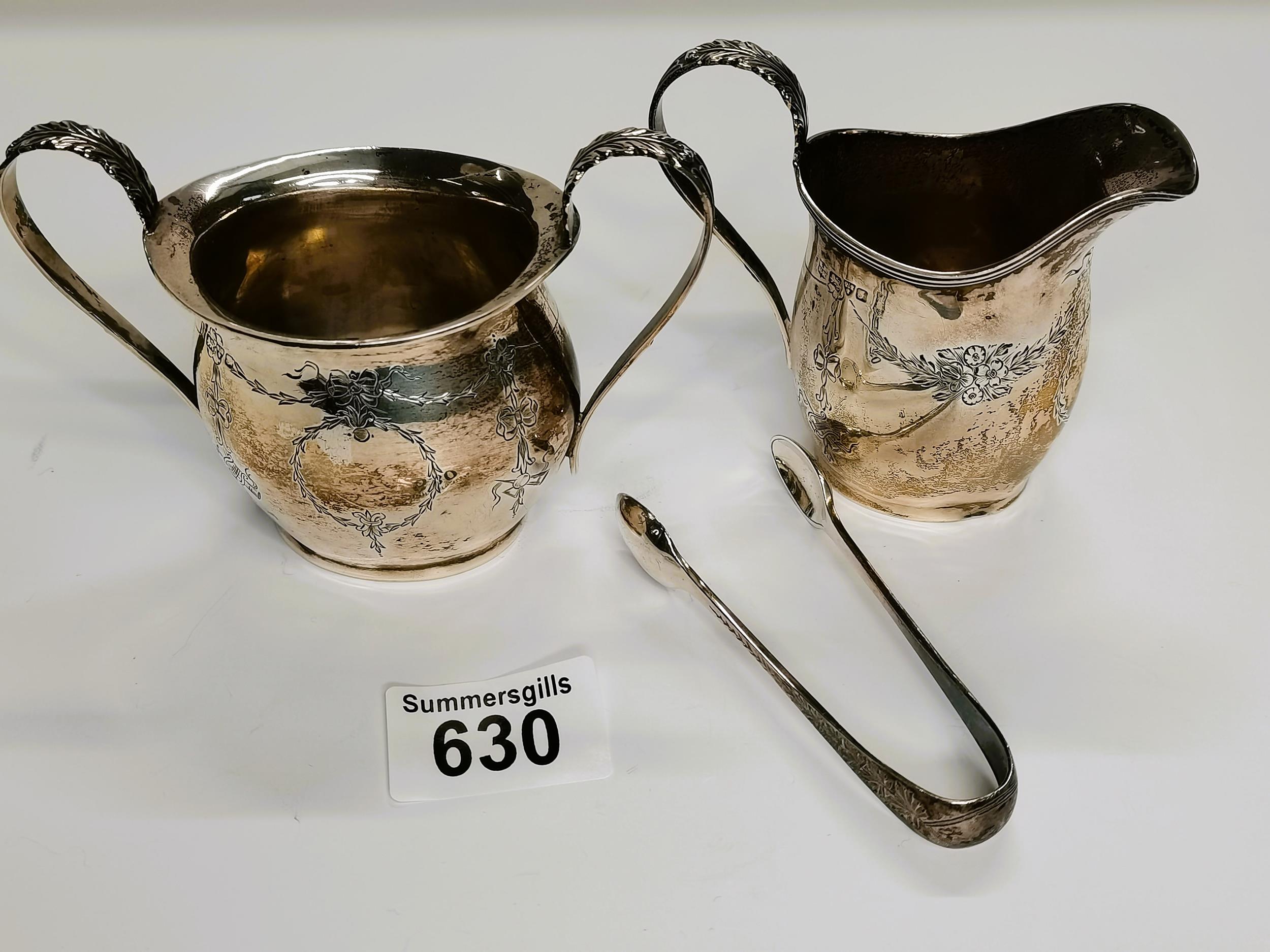 Silver Milk Jug, Sugar bowl and tongs