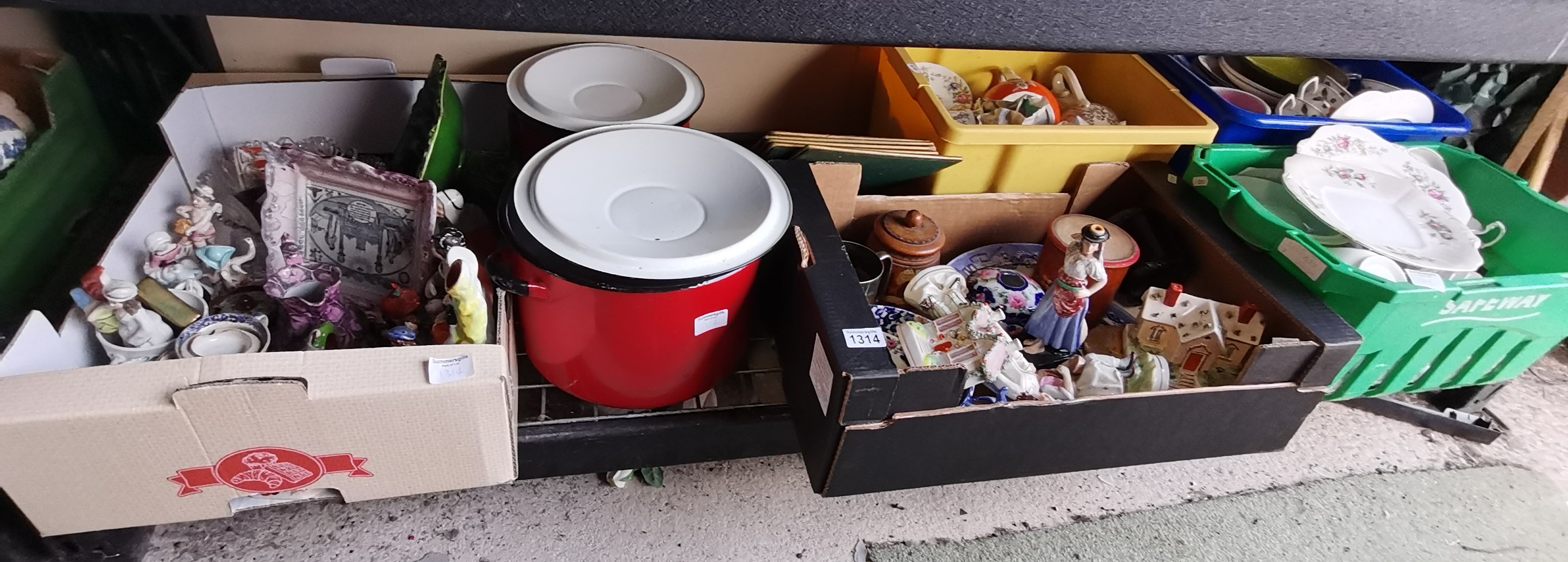 5 x boxes misc. china plus 2 large red enamel storage pots