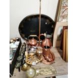 Copper and brass items incl copper kettle, metal painted tray, horse brasses etc
