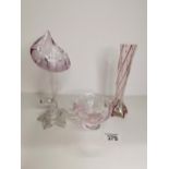 2 x glass bud vases plus glass dish with pink/red
