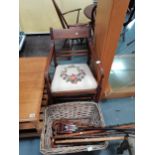 Tapestry covered dining chair plus wicker basket with walking sticks, shooting stick etc