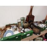 3 boxes of china, ceramics, plus vintagee birdcage, wooden trays, lacrosse sticks etc