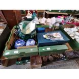 2 x boxes misc. items incl Ringtons storage jars, sets of stamps, coins, decanter