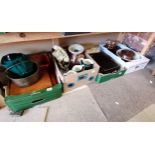 4 x boxes misc. items incl. cutlery, old telephone, brass jam pans, china, jugs etc
