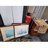 Vintage trunk, beige rug and ship pictures